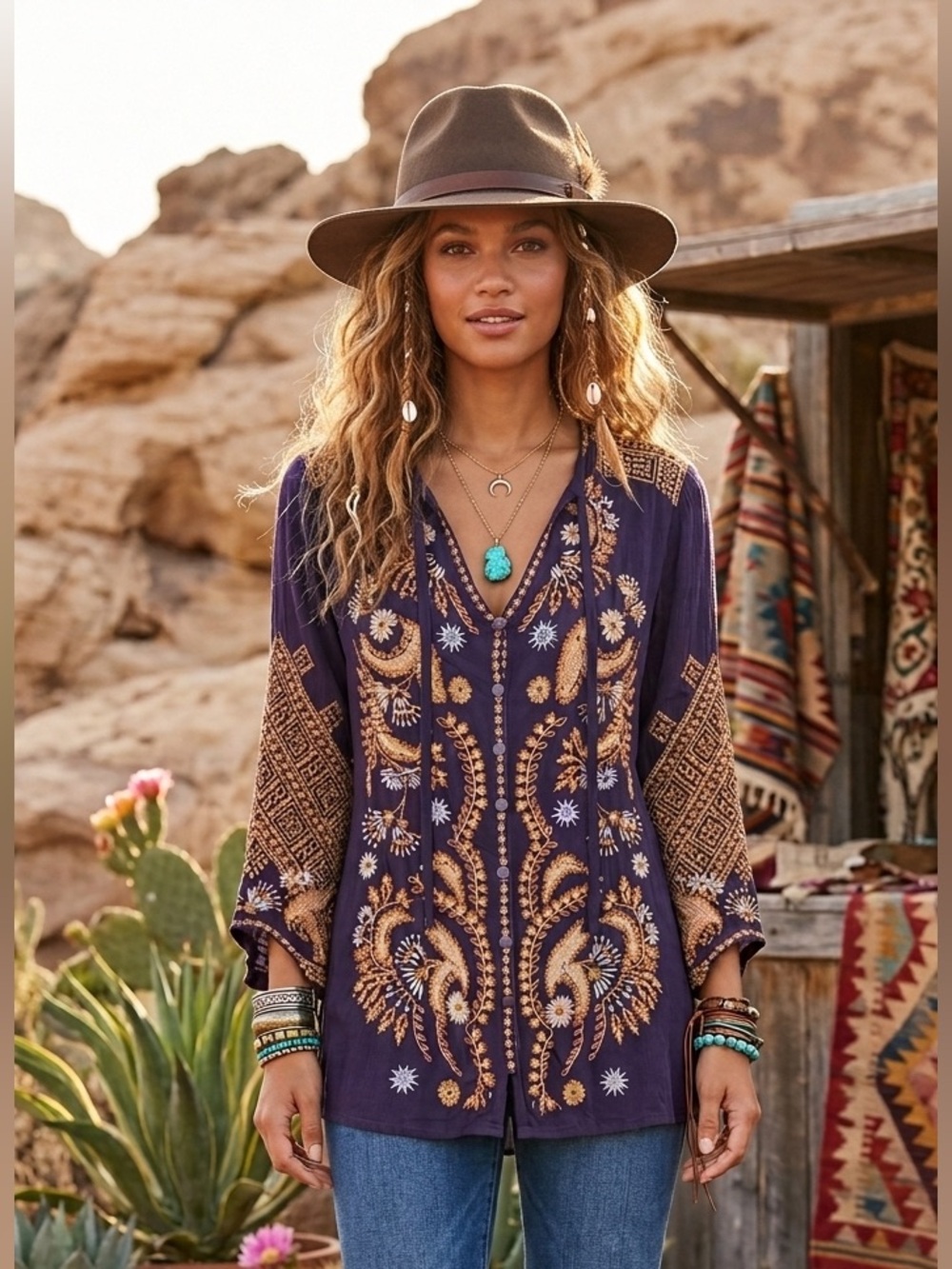 Johnny Was Heavy Embroidered Purple Boho Peasant Top XS Western Festival Folk